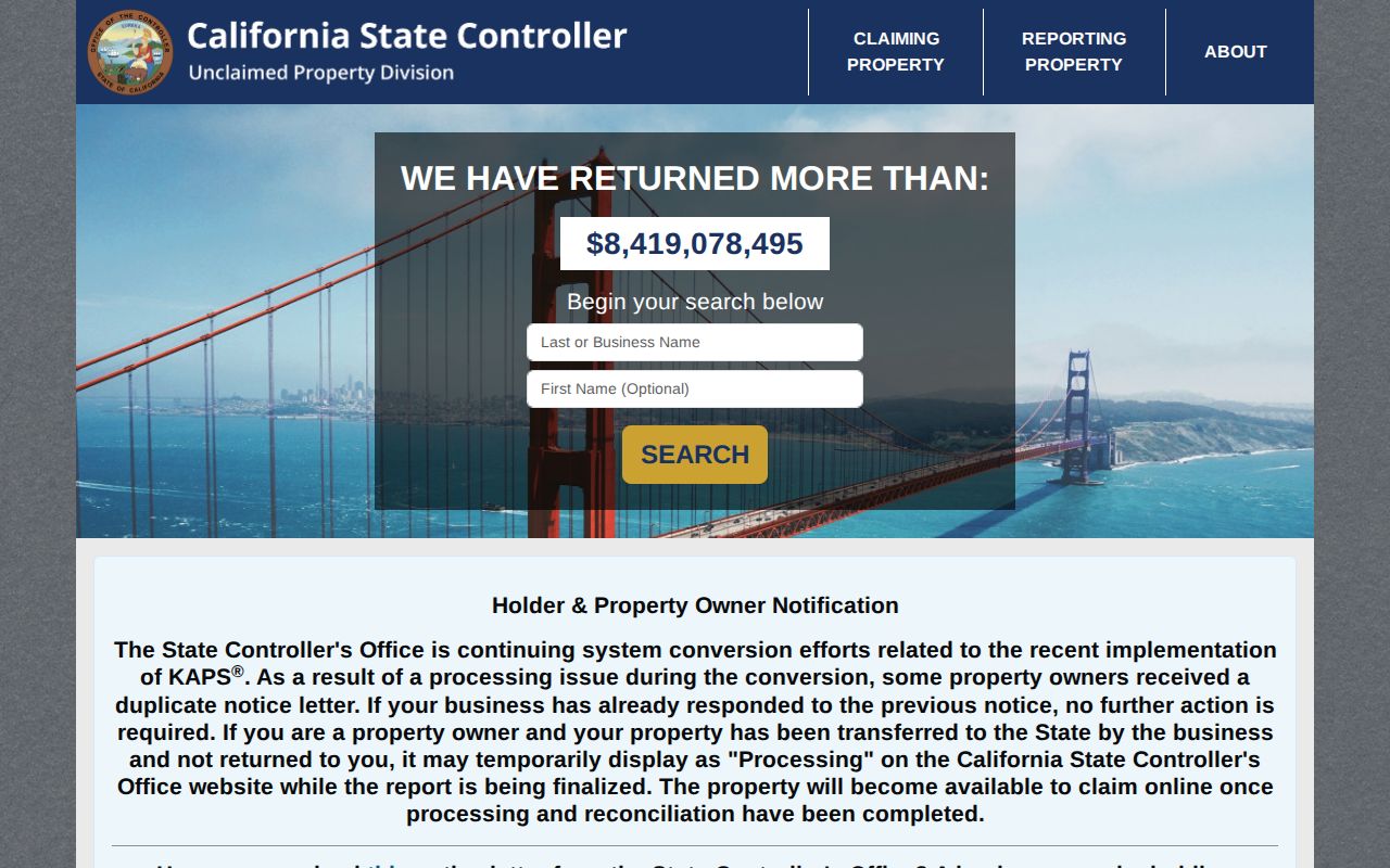 Loma Linda residents directory view of the California unclaimed property search