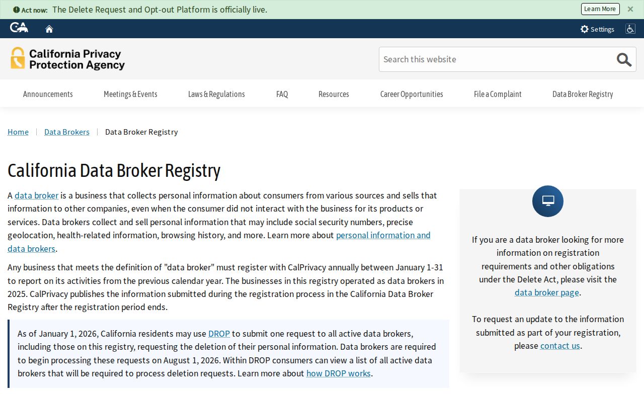California data broker registry source for Loma Linda neighbors privacy research