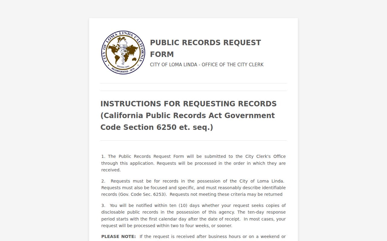 Loma Linda previous residents public records request form