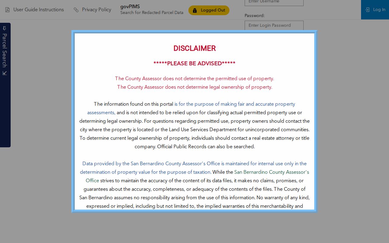 Loma Linda by-address ARC Parcel Access search fields